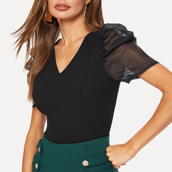 Sheer Mesh Puff Sleeve Bodycon Top - Picture 5 of 5